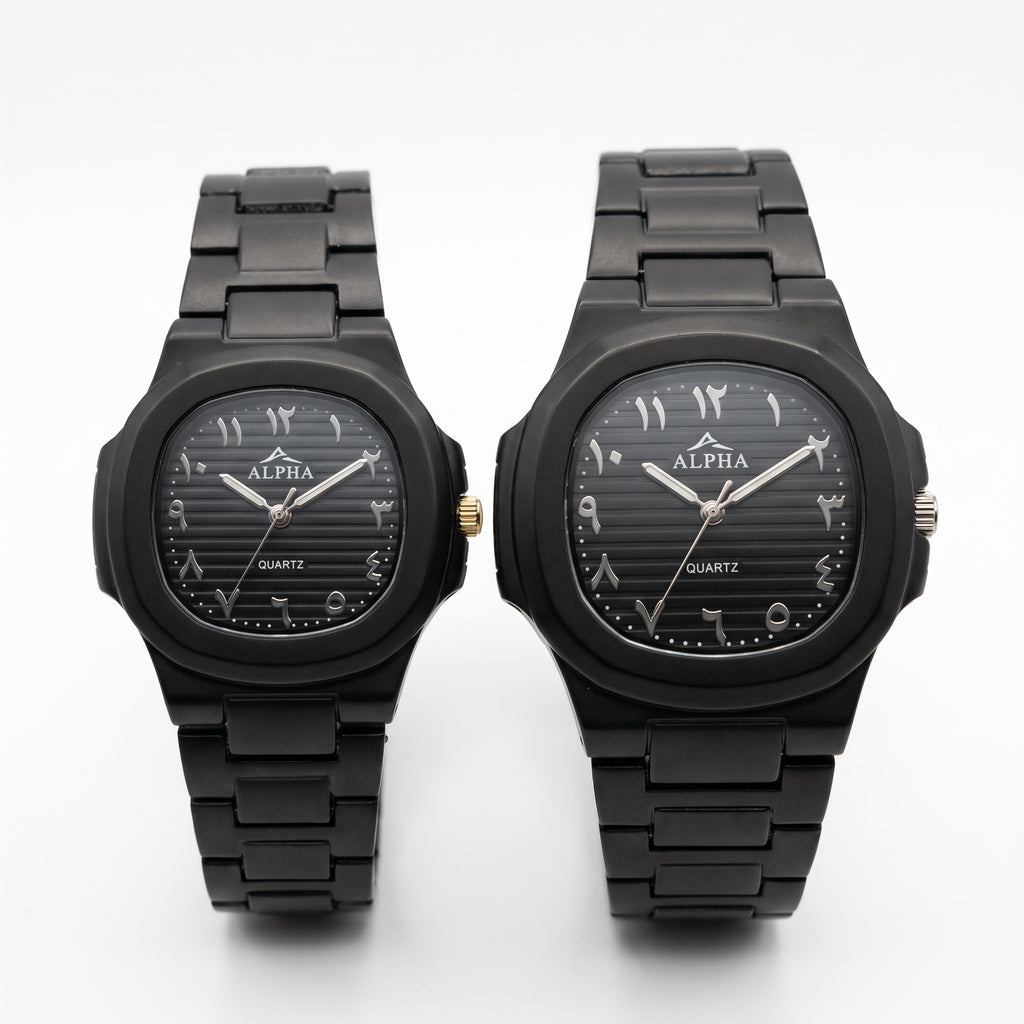 Alpha Black Couple Watch Set | Matching Luxury Quartz Watches