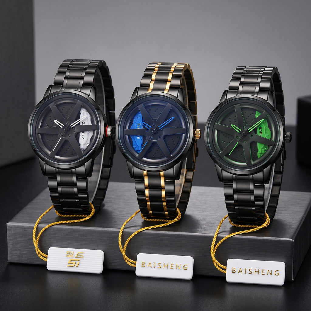 Men’s Black Skeleton Sport Stylish Wheel Watch | Premium Quartz Wristwatch