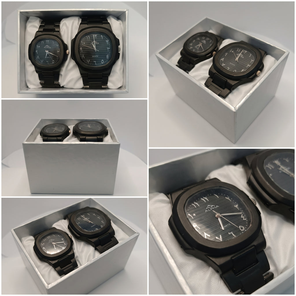 Alpha Black Couple Watch Set | Matching Luxury Quartz Watches