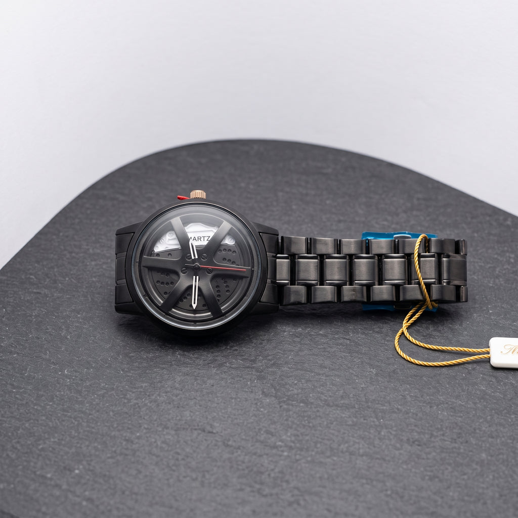 Men’s Black Skeleton Sport Stylish Wheel Watch | Premium Quartz Wristwatch