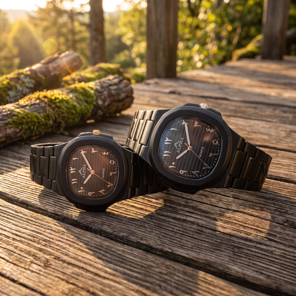 Alpha Black Couple Watch Set | Matching Luxury Quartz Watches