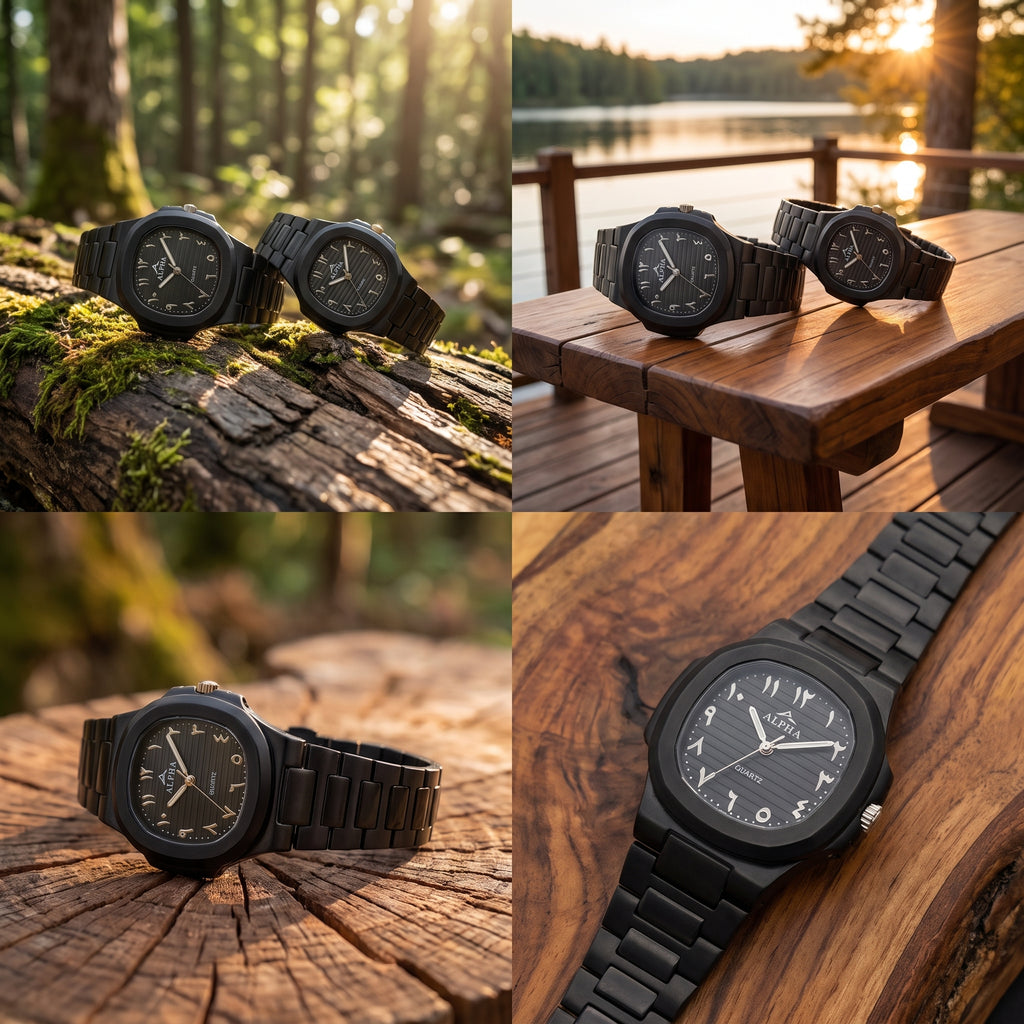 Alpha Black Couple Watch Set | Matching Luxury Quartz Watches