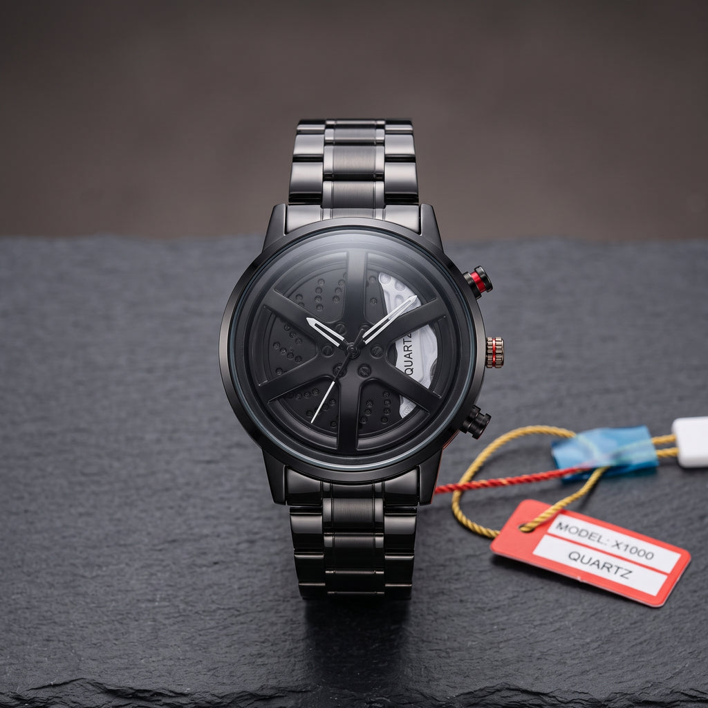 Men’s Black Skeleton Sport Stylish Wheel Watch | Premium Quartz Wristwatch
