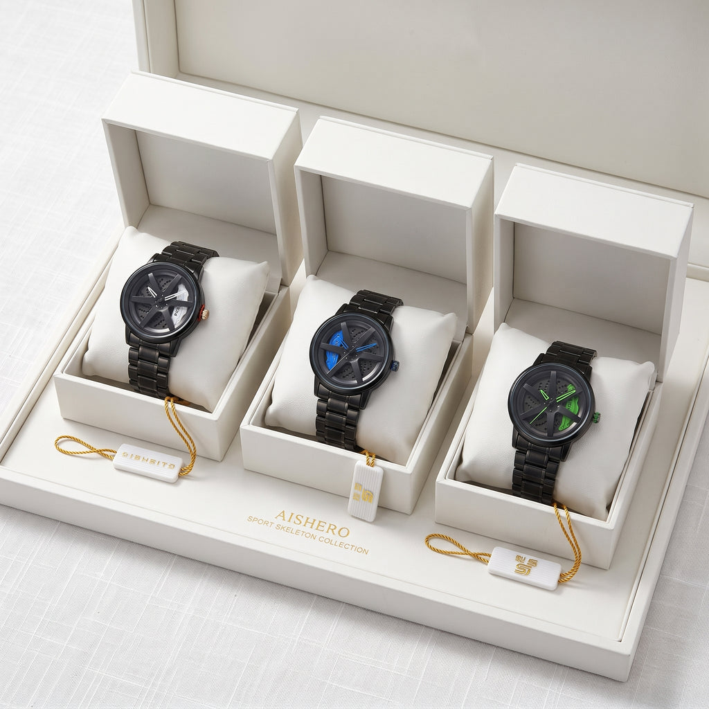 Men’s Black Skeleton Sport Stylish Wheel Watch | Premium Quartz Wristwatch