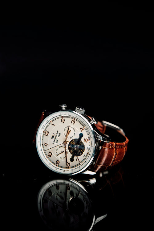 Classic leather strap chronograph watch close-up